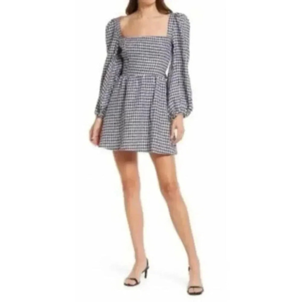Reformation Mini Dress Size 2 Brodie Linen Puff Sleeve April Plaid Check B544